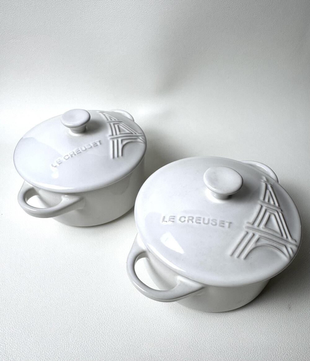 Le Creuset Eiffel Tower 10cm Mini Cocotte Casseroles Set Of 2 White Stoneware